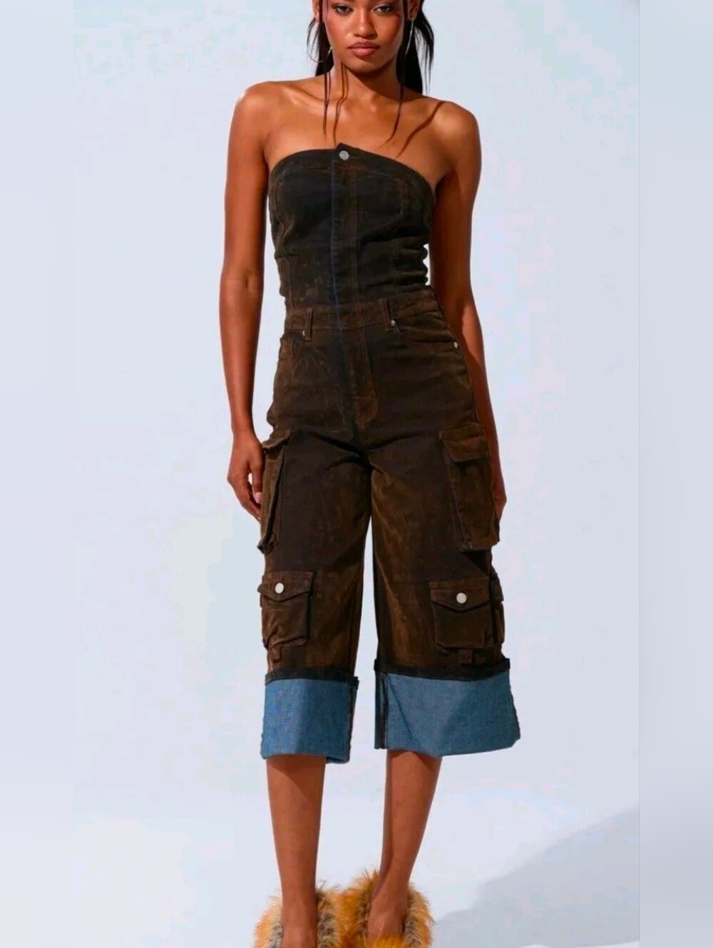 Strapless Cargo Jumpsuit with Cuffed Denim Hem Sz 1x